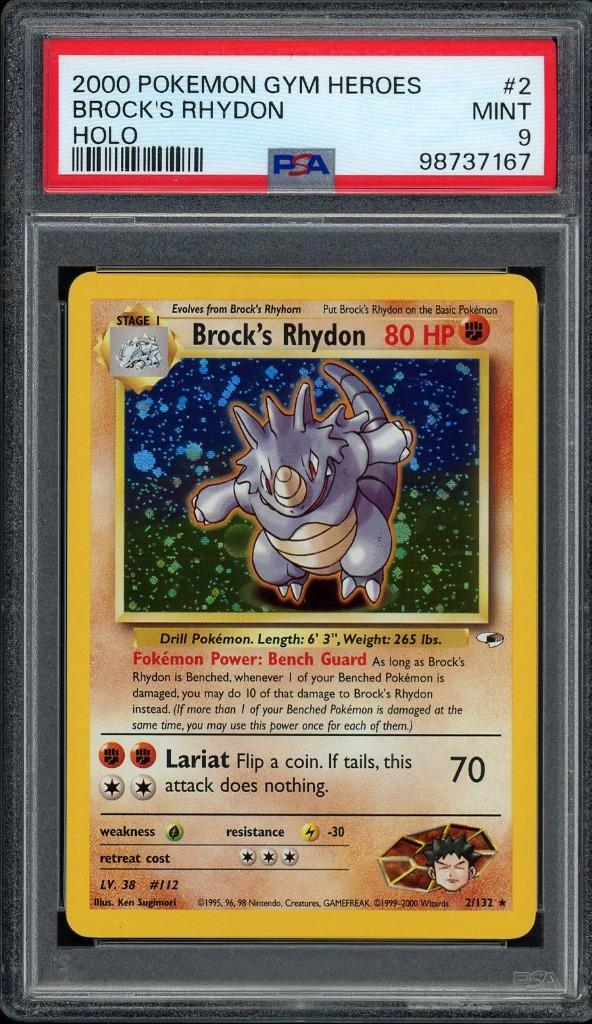 Brock's Rhydon Holo PSA 9 - 2/132 - Gym Heroes 2000, Hobby en Vrije tijd, Verzamelkaartspellen | Pokémon, Zo goed als nieuw, Losse kaart