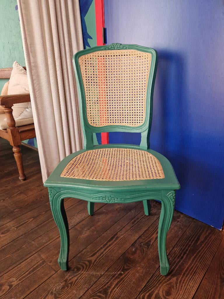 3 chaises en bois vert — style vintage/bistrot (rotin), Maison & Meubles, Chaises, Trois, Autres couleurs, Enlèvement, Utilisé