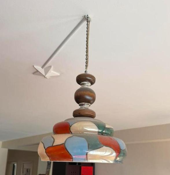 Lustre vintage années 70 — verre soufflé multicolore, Enlèvement, Comme neuf, Verre