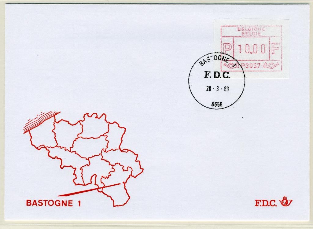 (B) ATM37 FDC Envelop 1983 - Bastogne 1 (P3037), Met envelop, Ophalen of Verzenden, Gestempeld, 1e dag stempel