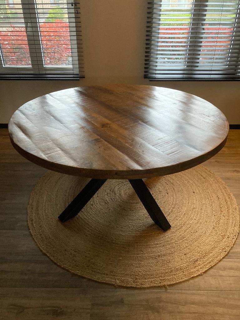 Tafel mangohout, Huis en Inrichting, Tafels | Eettafels, Ophalen, Gebruikt, 150 tot 200 cm, Rond