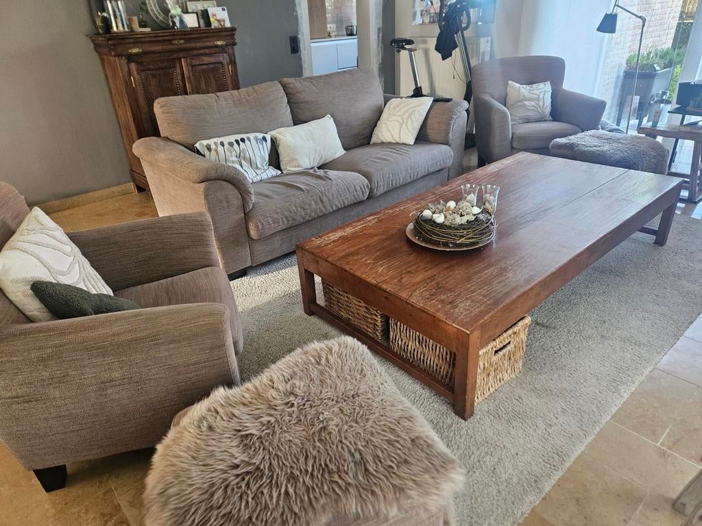 Salon stof bruin  3-zit en 2 keer 1-zit met poef, Huis en Inrichting, Ophalen, Stof