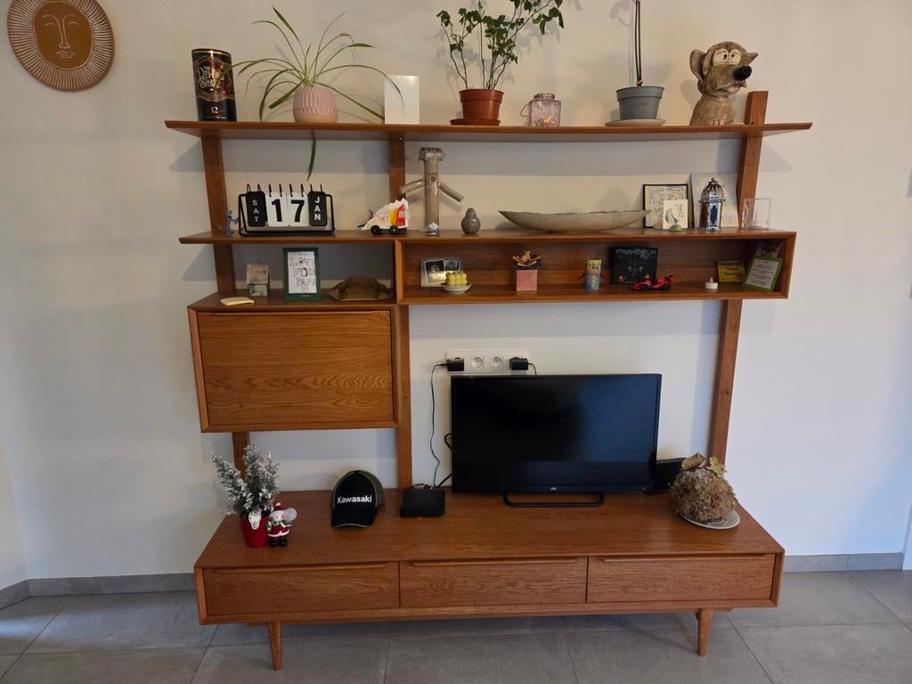 Portobello - Eikenhouten 3 laden 1 deur vintage tv-opbergrek, Huis en Inrichting, Ophalen