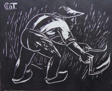 PROSPER DE TROYER / DE PIKKER / ZW-W LINOSNEDE / 31x36cm SIG beschikbaar voor biedingen