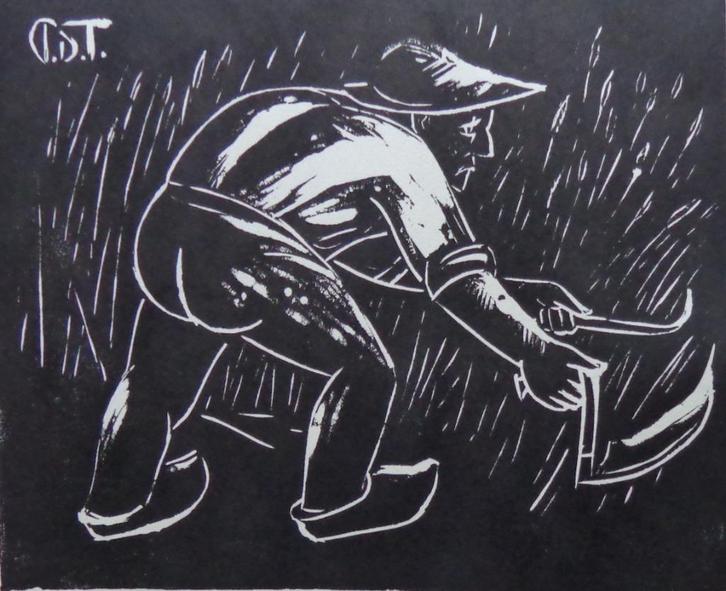 PROSPER DE TROYER / DE PIKKER / ZW-W LINOSNEDE / 31x36cm SIG, Antiek en Kunst, Kunst | Litho's en Zeefdrukken, Ophalen of Verzenden