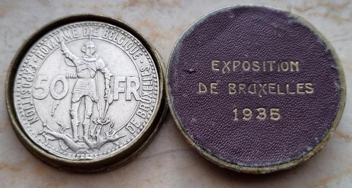 Medailleslag 50 Francs 1935 Fr. in origineel etui, Postzegels en Munten, Munten | België, Losse munt, Zilver, Zilver, Ophalen of Verzenden