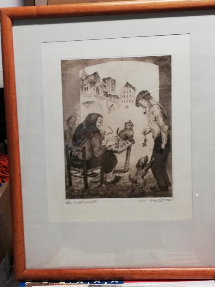 G Langie; ets; 'De Kantwerkster', Gentse kunstenaar, Antiek en Kunst, Kunst | Etsen en Gravures, Ophalen of Verzenden