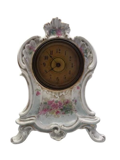 Porseleinen wekker of tafelklok met bloemendecoratie, Antiek en Kunst, Antiek | Klokken, Ophalen of Verzenden