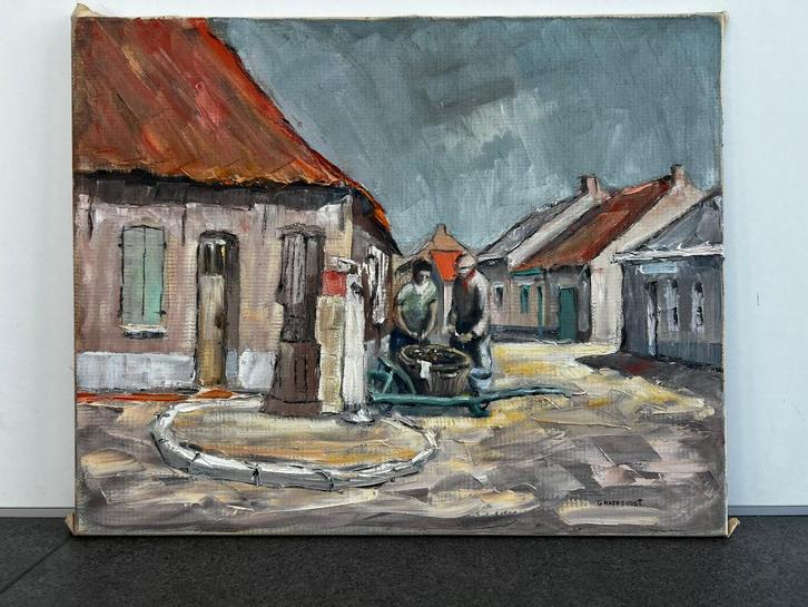 Schilderij Gustaaf Maerevoet–“Aan de pomp, Mariekerke”, Antiek en Kunst, Kunst | Schilderijen | Klassiek, Ophalen