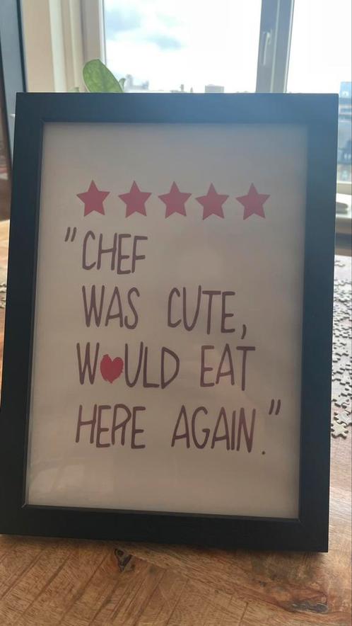 Kader met tekst "chef was cute would eat here again", Maison & Meubles, Accessoires pour la Maison | Tableaux à écrire & Proverbes