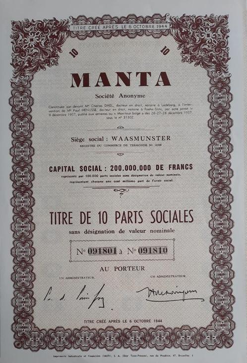 Manta - Waasmunster - titre de 10 parts sociales - 1957, Postzegels en Munten, Aandelen en Waardepapieren, Aandeel, 1950 tot 1970