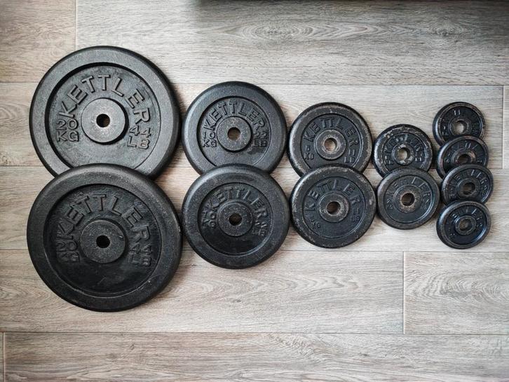 2x20kg, 2x10kg, 2x5kg, 2x2kg, 4x1kg Kettler halterschijven., Sport en Fitness, Fitnessmaterialen, Gebruikt, Halterschijven, Armen
