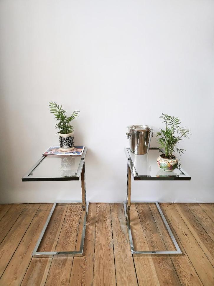 Paire de tables d'appoint Vintage chrome & verre - 1960-1970, Collections, Rétro, Maison et Meubles, Enlèvement ou Envoi