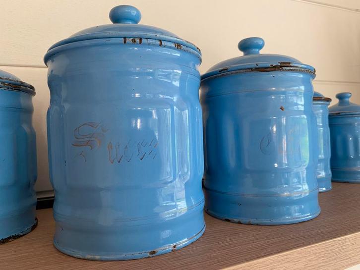 6 oude bewaarpotten - email, Antiek en Kunst, Antiek | Email, Ophalen