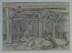 JAN VAERTEN / KOEIEN IN DE STAL / ORIGINEEL WERK / 44x54cm, Ophalen of Verzenden