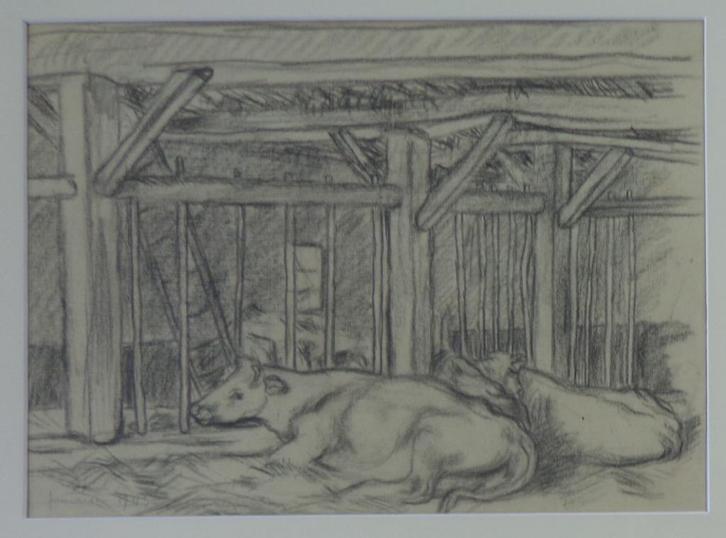 JAN VAERTEN / KOEIEN IN DE STAL / ORIGINEEL WERK / 44x54cm, Antiek en Kunst, Kunst | Schilderijen | Klassiek, Ophalen of Verzenden