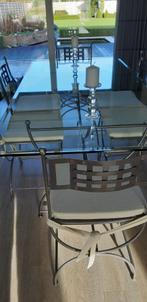 glazen tafel (2x1m) met 6 ijzeren stoelen (gelakt), Huis en Inrichting, Tafels | Eettafels, 100 tot 150 cm, 150 tot 200 cm, Rechthoekig
