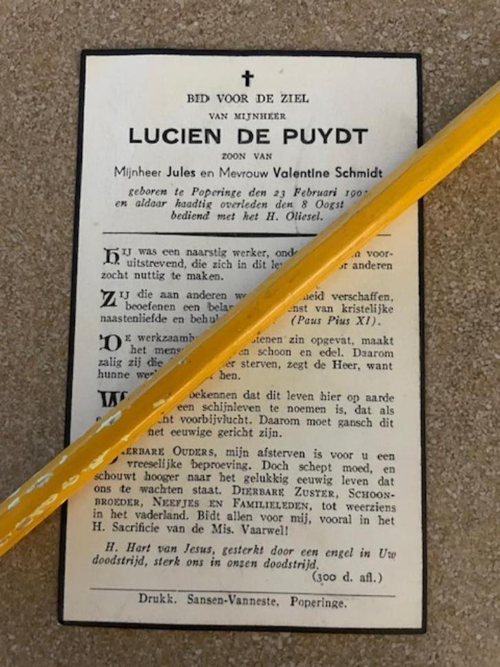 Oorlogslachtoffer 8/1940 Poperinge Oprichter BARCO DEPUYDT L, Verzamelen, Bidprentjes en Rouwkaarten, Bidprentje, Ophalen of Verzenden