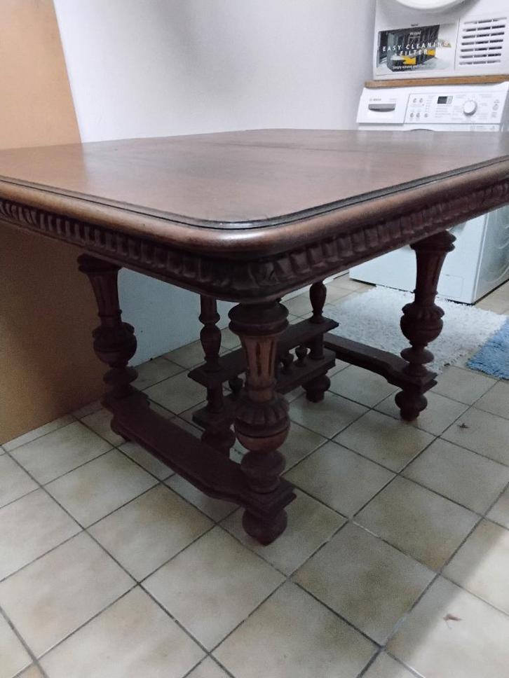 Antieke verlengbare eettafel met 4 stoelen, Huis en Inrichting, Tafels | Eettafels, Gebruikt, Vierkant, Ophalen