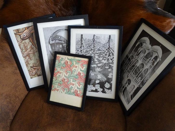 5 ingelijste Escher-prenten, Antiek en Kunst, Kunst | Etsen en Gravures, Ophalen
