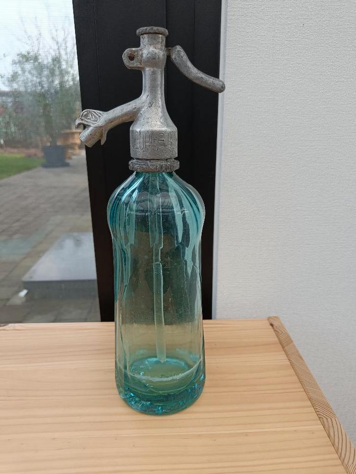 Blauw-groene sodafles, sifonfles, Spuitfles. Hoogte: 31 cm., Antiek en Kunst, Curiosa en Brocante, Ophalen of Verzenden