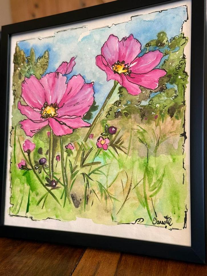 Mooie Aquarel Roze Bloemen, Antiek en Kunst, Kunst | Schilderijen | Klassiek, Verzenden