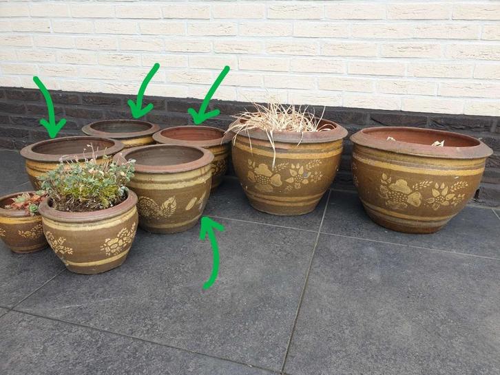 4x Large bruine terracotta pot bloempot met tekening tuin, Tuin en Terras, Bloempotten, Terracotta, Binnen, Tuin, Ophalen