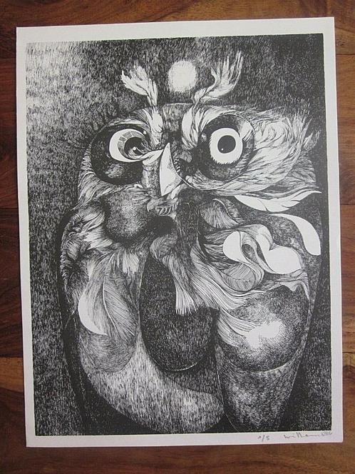 Willem Litho Hibou Chouette rapace oiseau 1980 gravure, Antiquités & Art, Art | Lithographies & Sérigraphies, Enlèvement ou Envoi