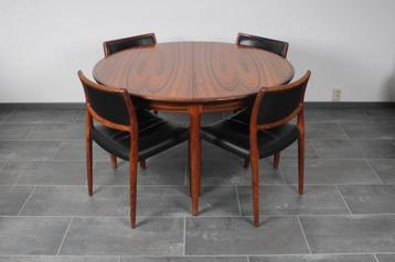 4 chaises et table à manger en cuir Møller en bois palisandr, Enlèvement ou Envoi, Utilisé, Mid-century, deens design, 4 à 6 chaises