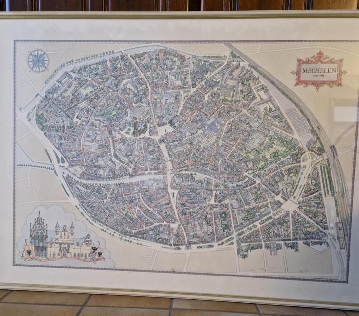 Gekleurde pentekening Mechelen stadsplan anno 1984, Antiek en Kunst, Kunst | Tekeningen en Fotografie, Ophalen