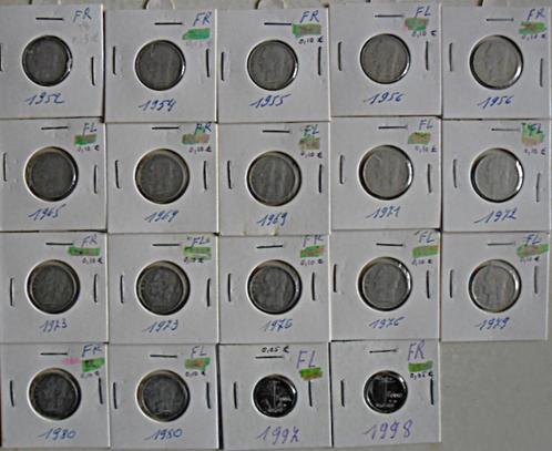 Valuta rest van de collectie 19 munten 1 fr zonder duplicate, Postzegels en Munten, Munten | België, Losse munt, Metaal, Verzenden