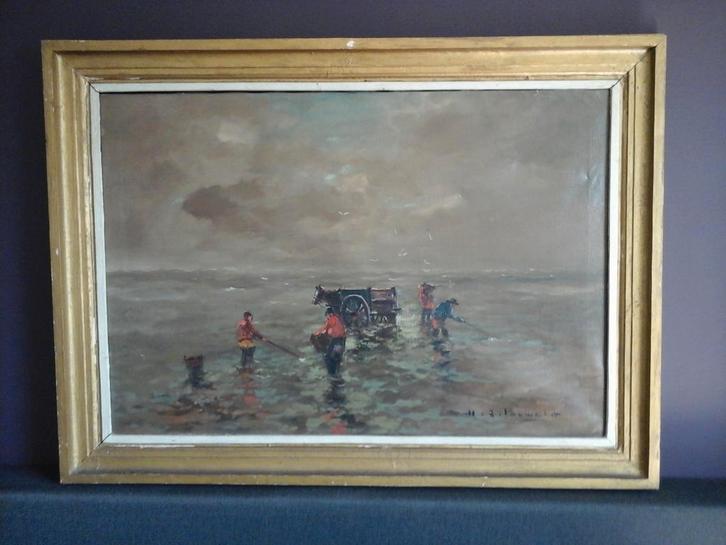 MOOI GROOT SCHILDERIJ VAN H J PAUWELS "DE SCHELPEN VISSERS", Antiek en Kunst, Kunst | Schilderijen | Klassiek, Ophalen