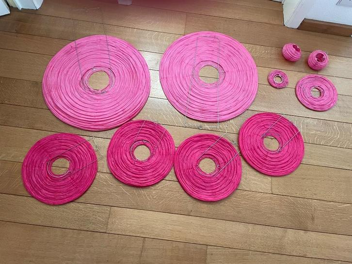 9 lampenkappen in roos rijstpapier, Huis en Inrichting, Lampen | Lampenkappen, Gebruikt, Rond, Overige kleuren, Ophalen of Verzenden