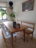 Salle à manger - table chêne +banc +3 chaises cuir, Comme neuf, Moins de 4 chaises