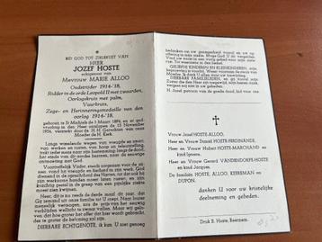 Oud-strijder 1914-1918 -J. Hoste  Brugge 1894 + 1954 beschikbaar voor biedingen