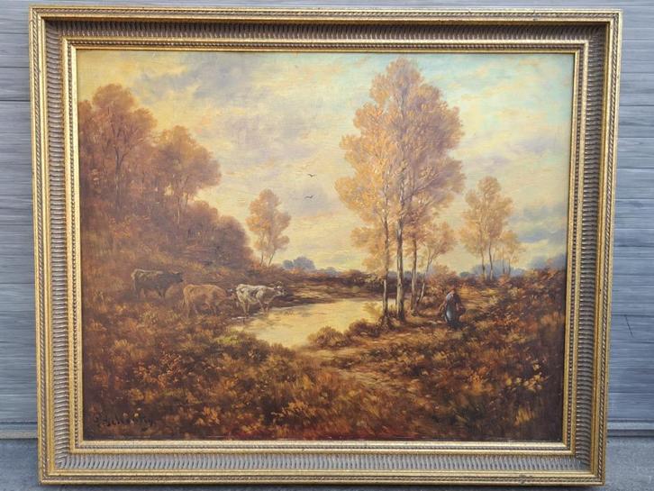 Huile sur panneau paysage avec vaches signe Paul schouten, Antiek en Kunst, Kunst | Schilderijen | Klassiek, Ophalen of Verzenden