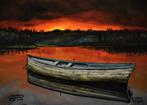 Kajak landschap zonsondergang schilderij, door Joky Kamo, Ophalen