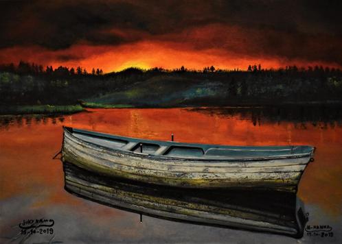 Kayak landscape sunset painting, by joky kamo, Antiquités & Art, Art | Peinture | Moderne, Enlèvement
