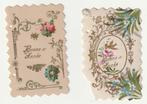 Lotje 2 Celluloid kleine kaartjes Bonne Annee relief bloemen, Verzamelen, Postkaarten | Themakaarten, Feest(dag), Verzenden