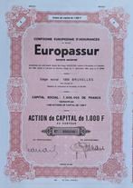 Europassur - Bruxelles - action de capital de 1000 francs, Ophalen of Verzenden, 1950 tot 1970, Aandeel