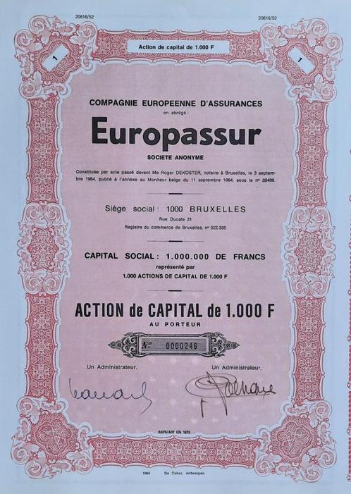 Europassur - Bruxelles - action de capital de 1000 francs, Postzegels en Munten, Aandelen en Waardepapieren, Aandeel, 1950 tot 1970