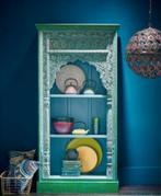 Massief mangohouten Indische kast groen en blauw, Ophalen, Zo goed als nieuw