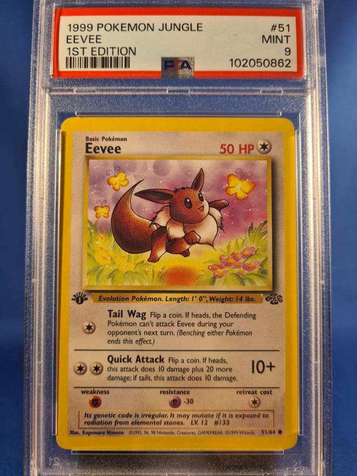 Eevee 51/64 - Jungle (1st edition) (PSA 9), Hobby en Vrije tijd, Verzamelkaartspellen | Pokémon, Gebruikt, Verzenden