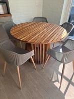 Wood table 120cm plus 5 chairs, Ophalen, Rond, Zo goed als nieuw, Vijf personen of meer