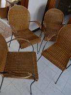4 stoelen uit metaal en riet voor €20.00, Huis en Inrichting, Stoelen, Vier, Gebruikt, Bruin, Riet of Rotan