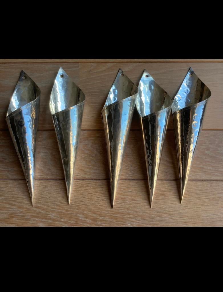 5 metalen wandvaasjes, niet gebruikt. L=23 cm., Metaal, Vintage, Zo goed als nieuw, Overige typen