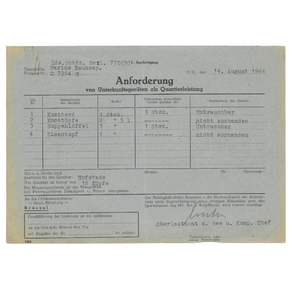 Duits Document Opeising Keukengerei Kriegsmarine Hofstade 44, Verzamelen, Militaria | Tweede Wereldoorlog, Ophalen of Verzenden
