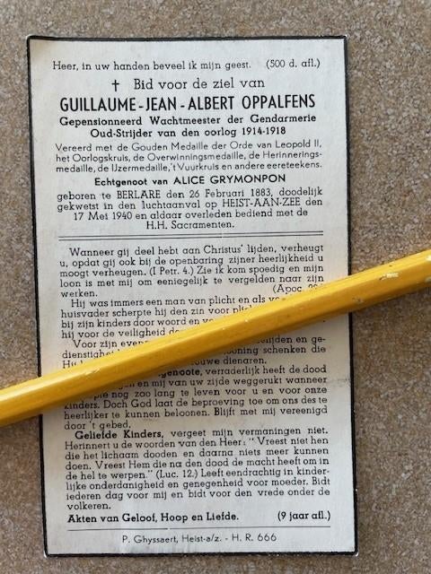 RAID AÉRIEN WAR40-45 OPPALFENS Heist aan Zee du 17 mai 1940, Collections, Enlèvement ou Envoi, Image pieuse