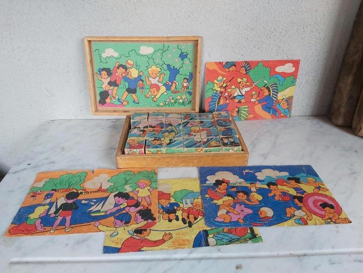 Oude houten blokkenpuzzel in houten doos, Antiek en Kunst, Antiek | Speelgoed, Ophalen of Verzenden
