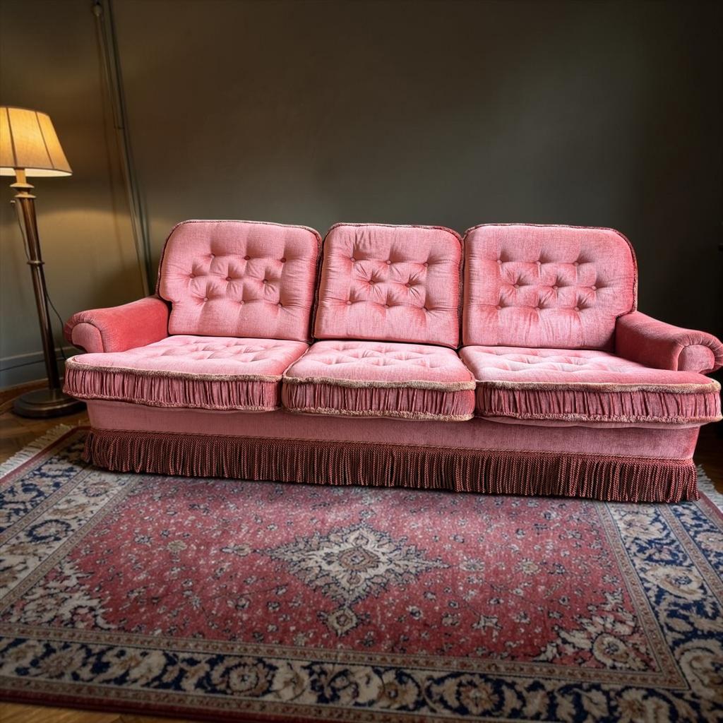 Vintage oudroze zetel / canapé / fauteuil met franjes, Antiek en Kunst, Antiek | Meubels | Stoelen en Sofa's, Ophalen